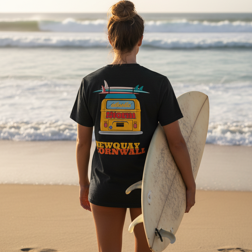 Black t-shirt with a graphic of a van and surfboards on a white background