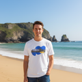 Awel an Atlantek Tee front view on Cornwall beach