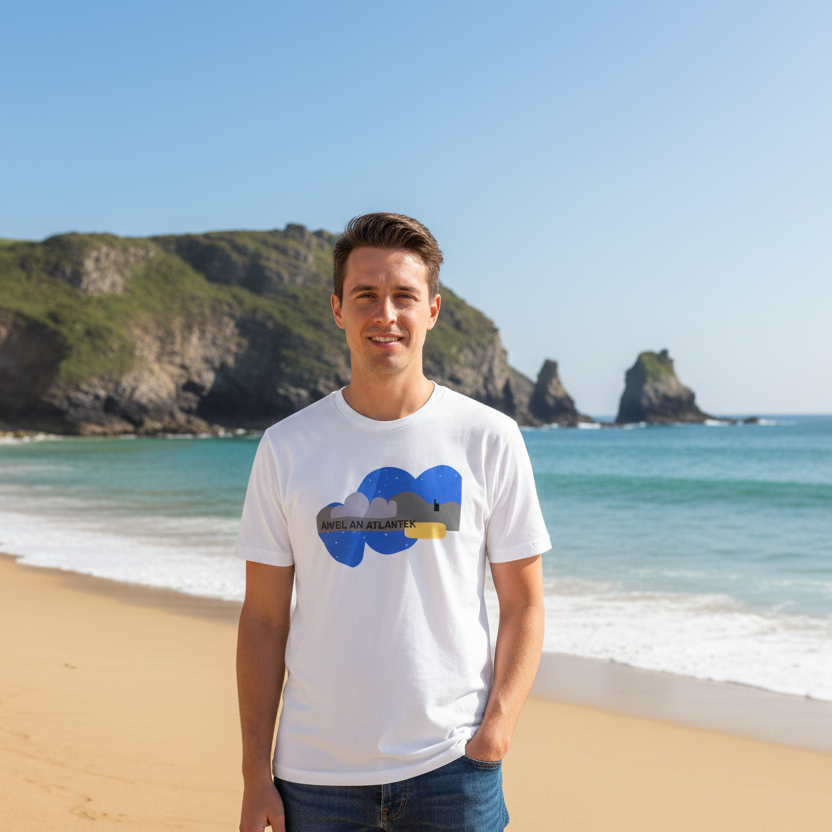 Awel an Atlantek Tee front view on Cornwall beach