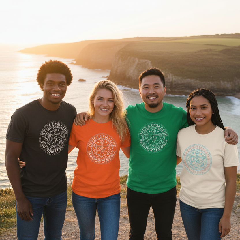 Four diverse friends wearing t-shirts in black, orange, irish green, and natural in Cornwall