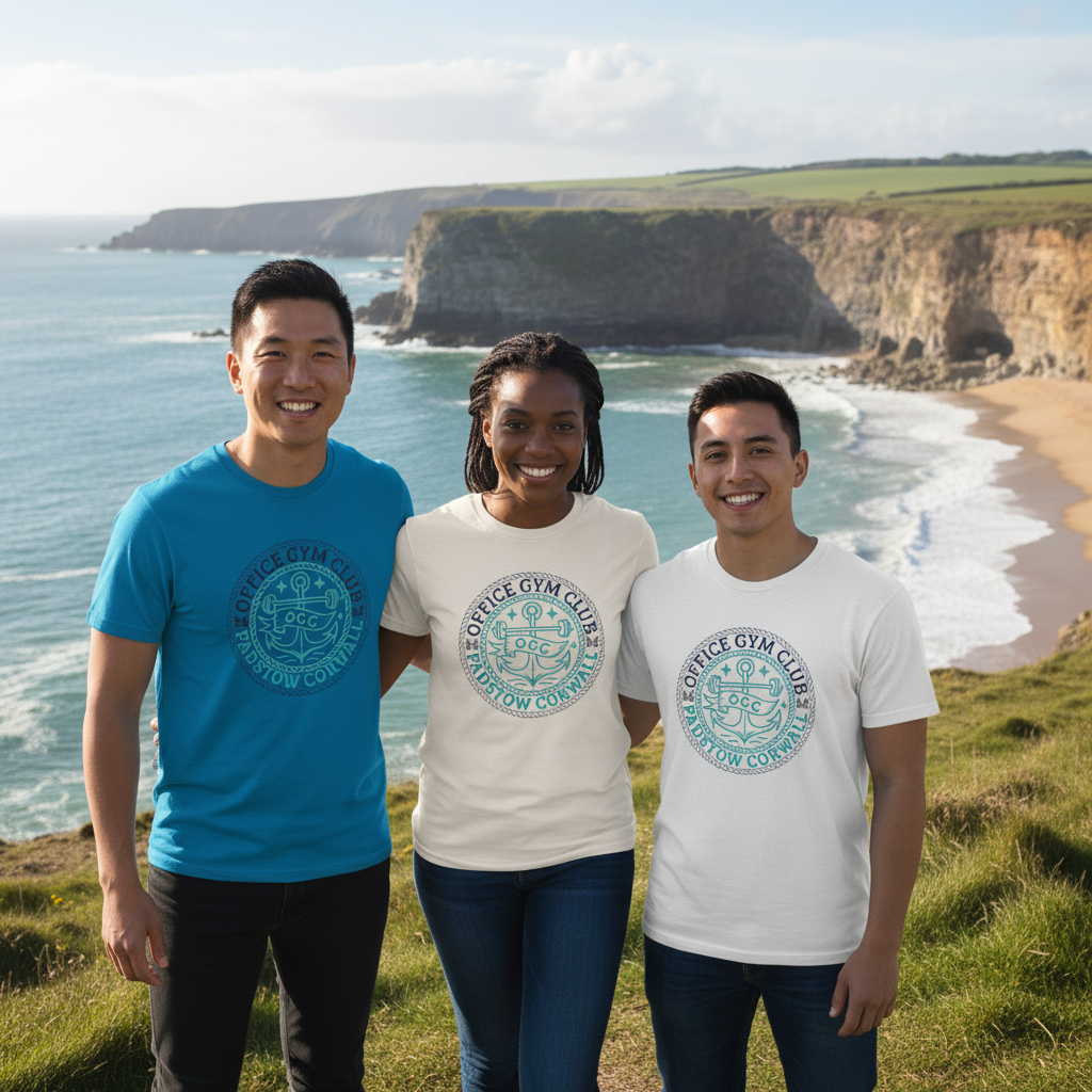 Three diverse friends wearing t-shirts in Cornwall - square format