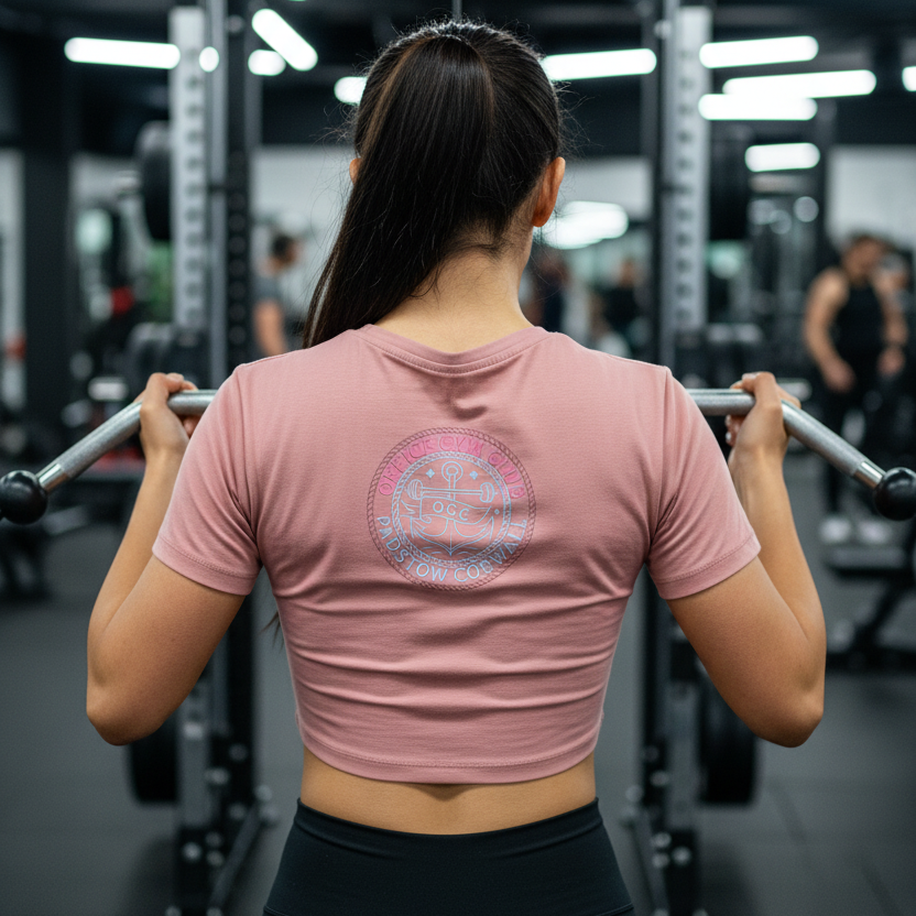 Woman training in gym - back view with 200mm logo