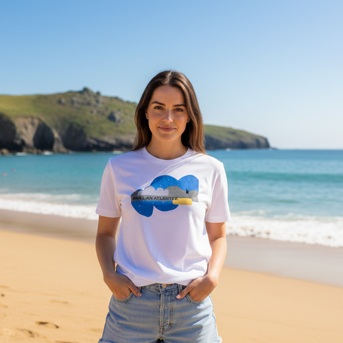 Woman wearing Awel an Atlantek Tee on Cornwall beach